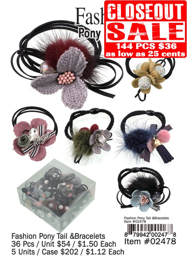 Fashion Pony Tail and Bracelets - Closeout 144 Pcs.